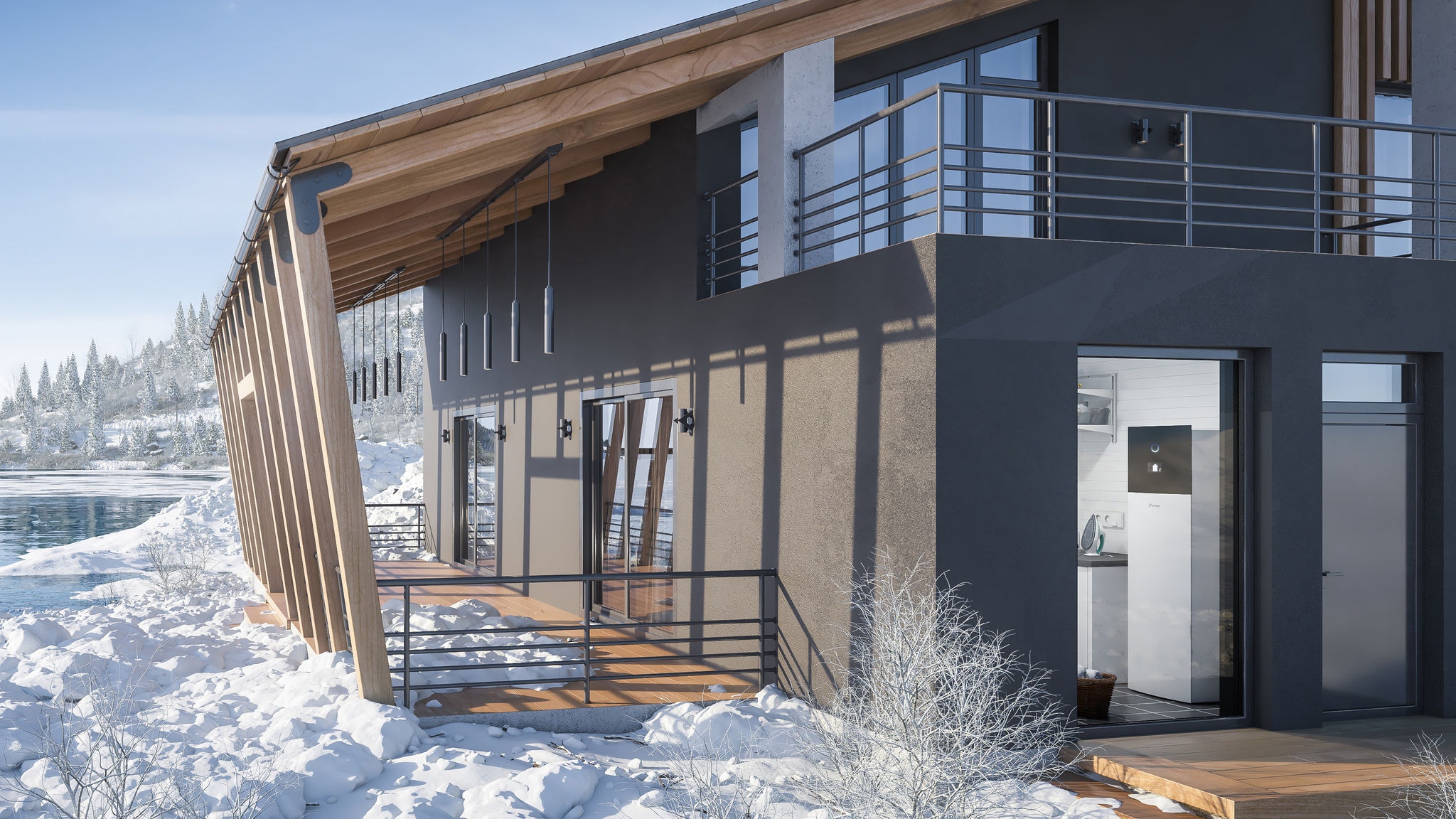 Casa modernă într-un peisaj cu zăpadă este încălzită perfect de Daikin