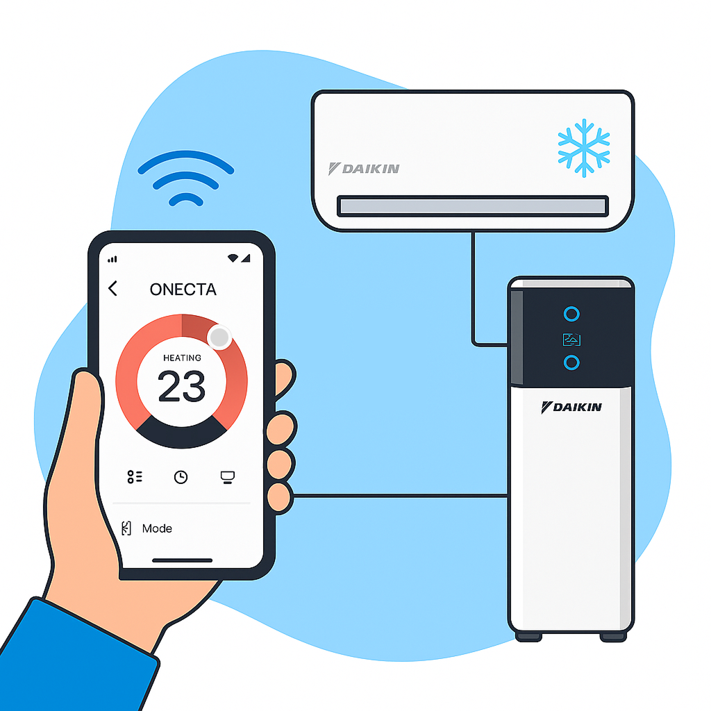 Smartphone cu aplicatia Daikin ONECTA conectat la un aparat de aer conditionat si o pompa de caldura