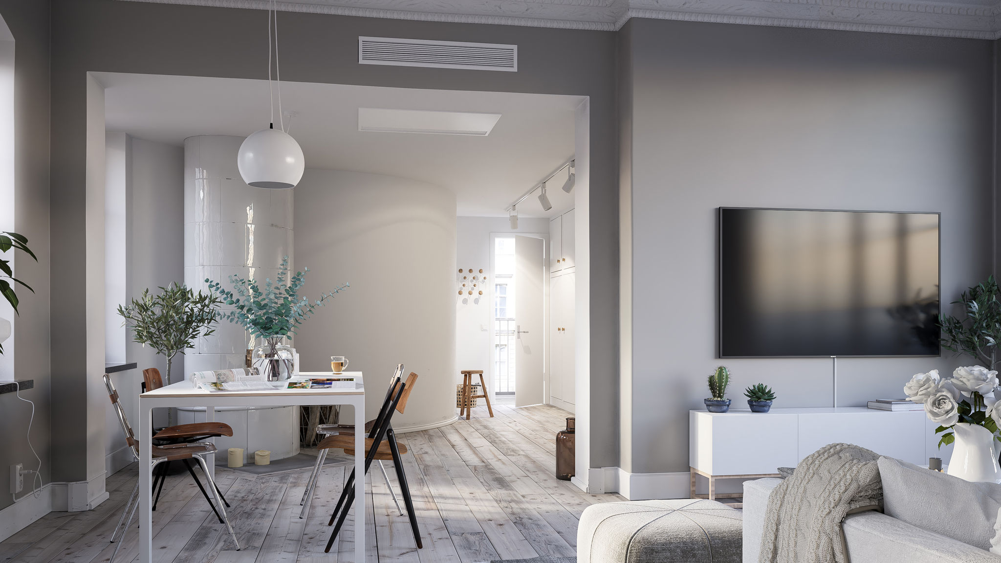 Sufragerie cu soluție de climatizare care furnizează o temperatură confortabilă