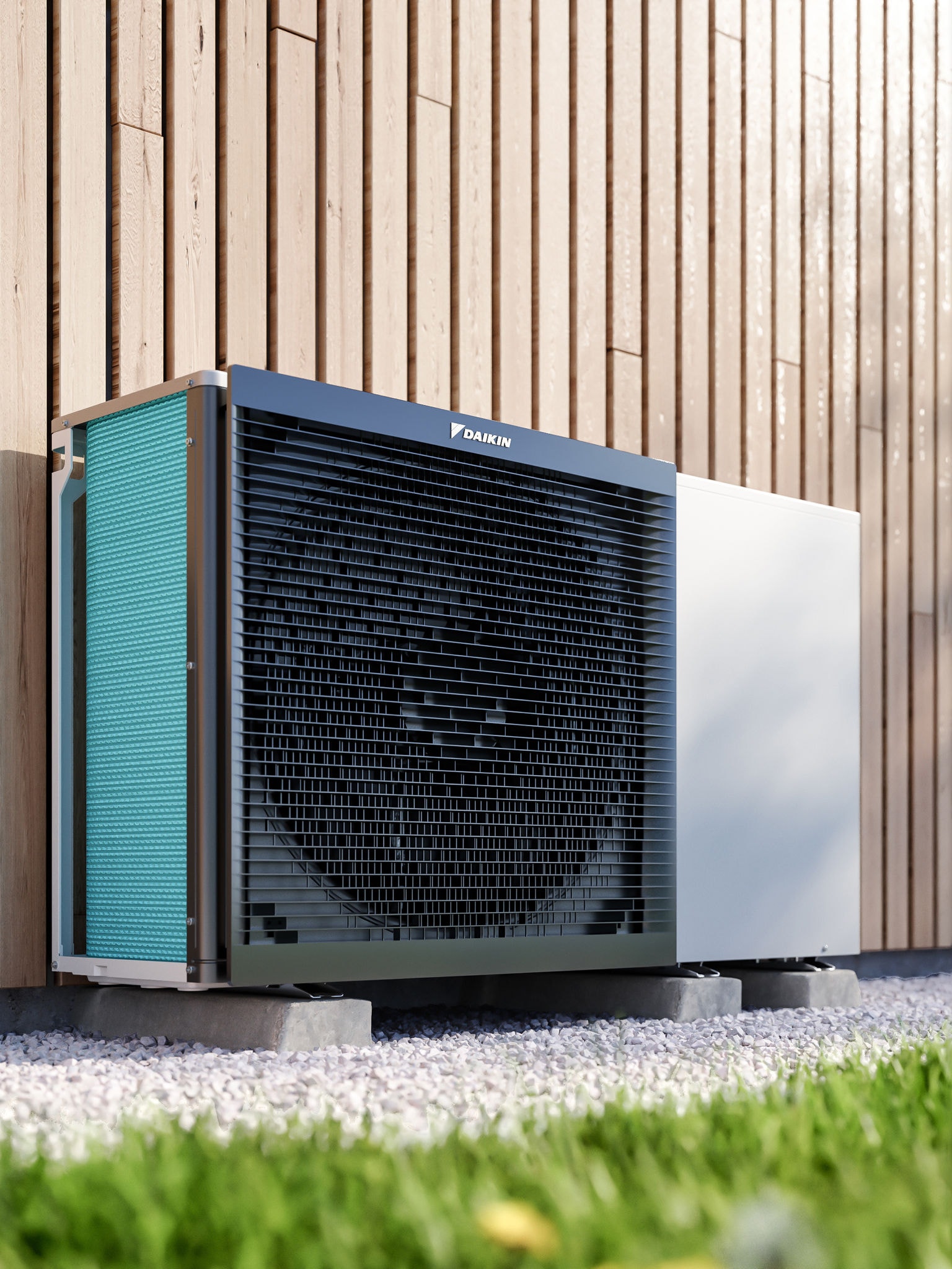 Unitate exterioară Daikin Altherma amplasată în grădină