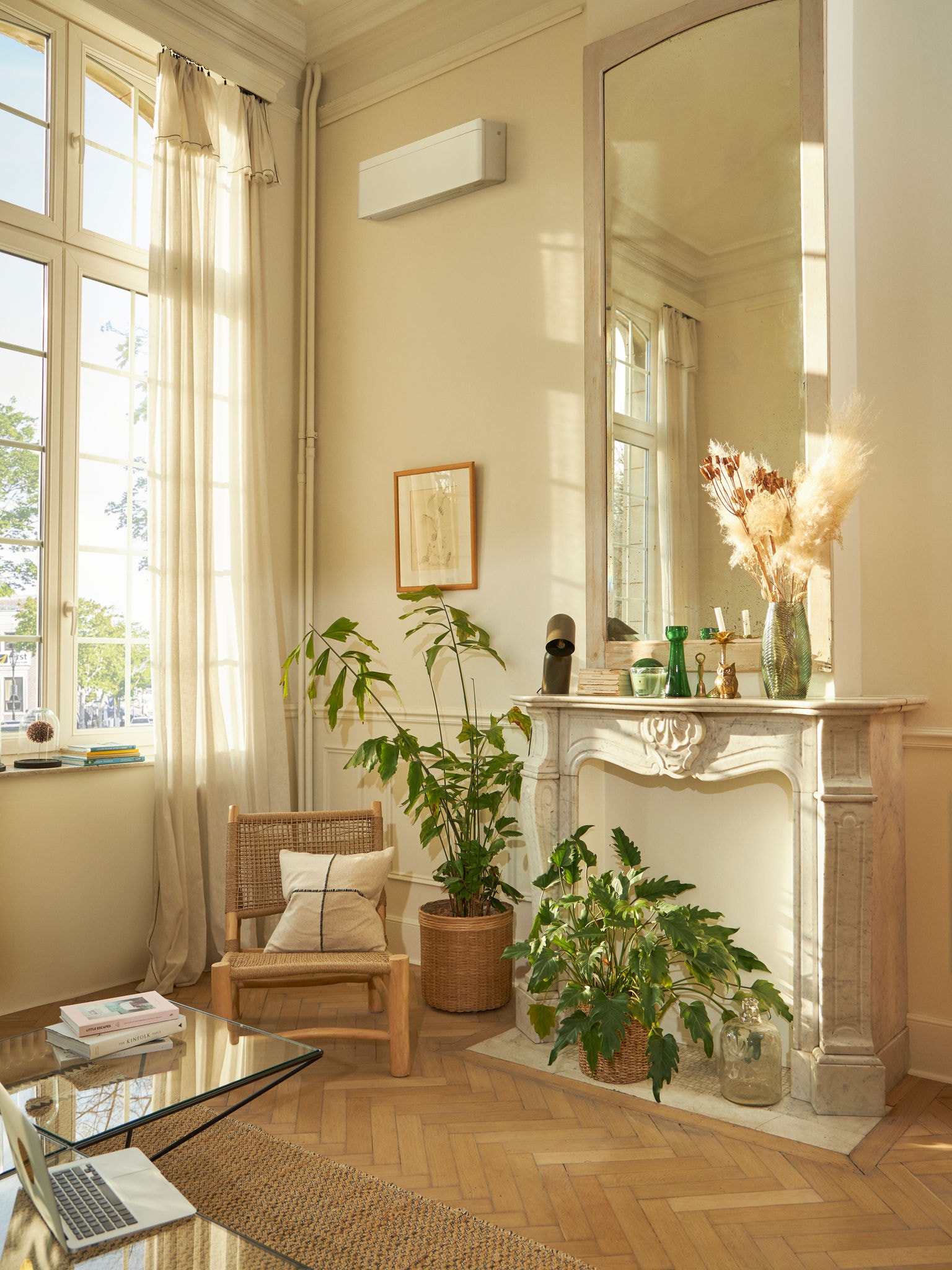 Cameră de zi frumos decorată, cu sistem de climatizare alb de perete