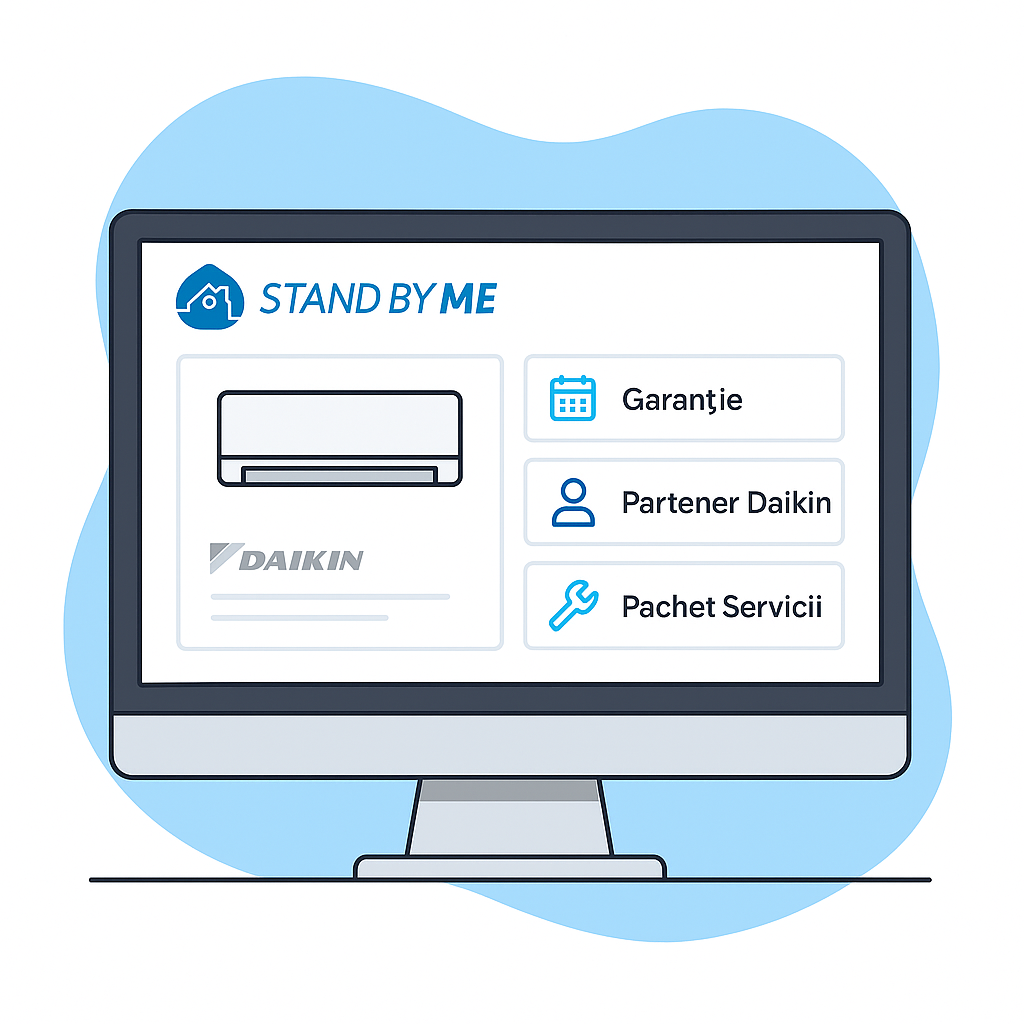 Ecran cu site stand by me Daikin unde sunt prezentate informații despre garanția aparatului de aer condiționat