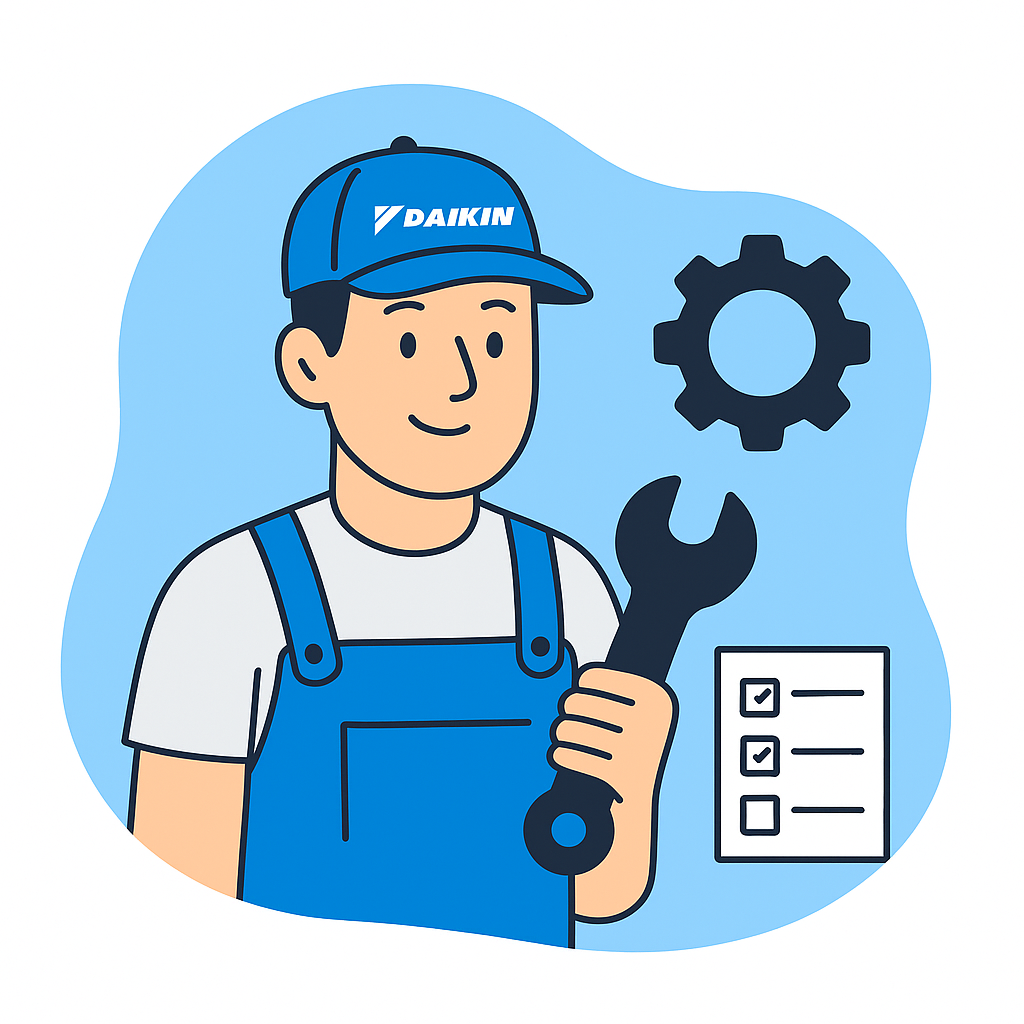 Tehnician Daikin care efectueaza service si suport tehnic la un sistem de climatizare