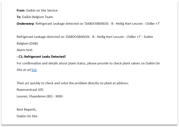 Imaginea 4: Notificare de alarmă prin e-mail de la Daikin on Site către Echipa Daikin