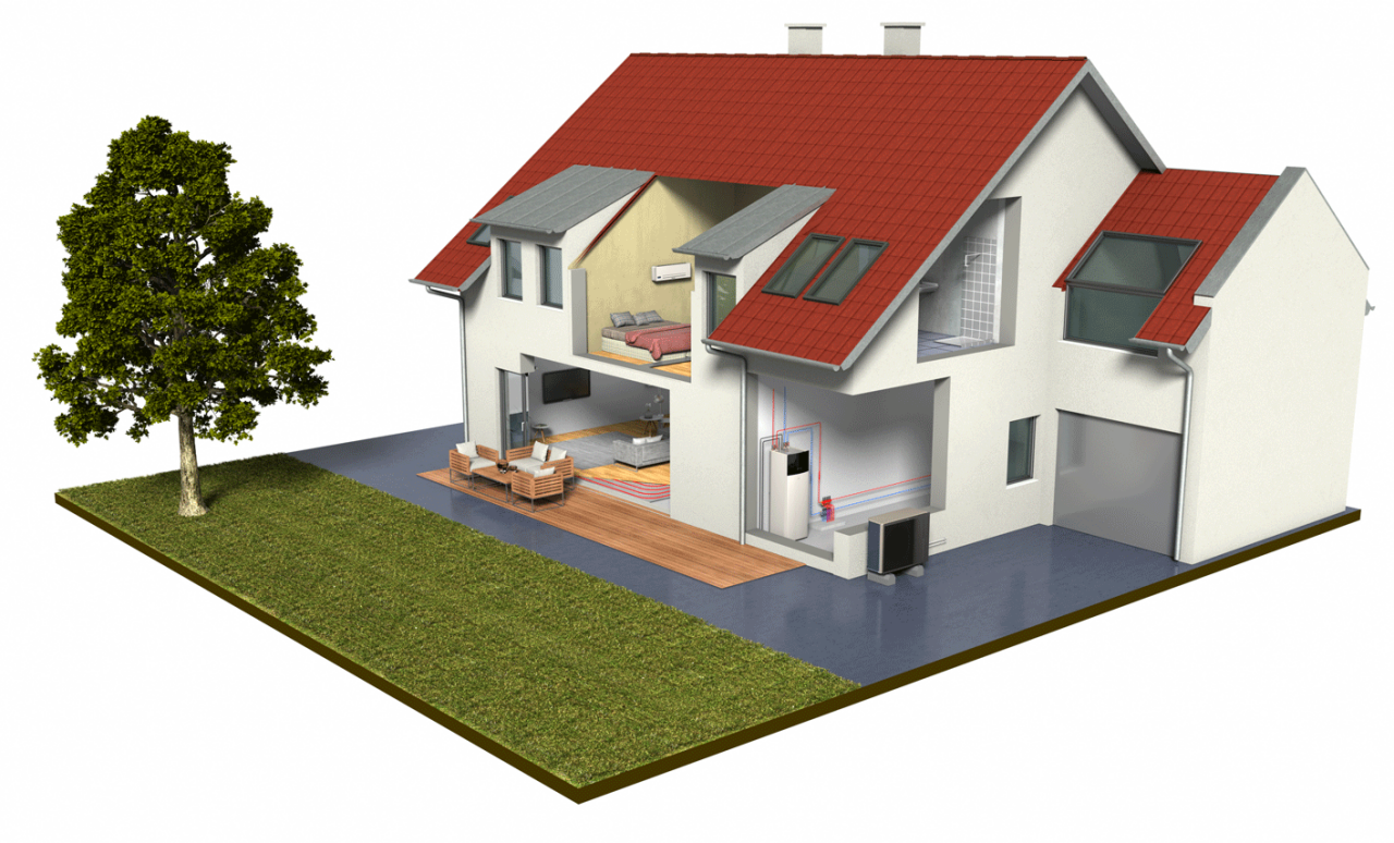 O prezentare ilustrată a interiorului unei case în care sunt instalate trei unități interioare și o unitate exterioară Daikin